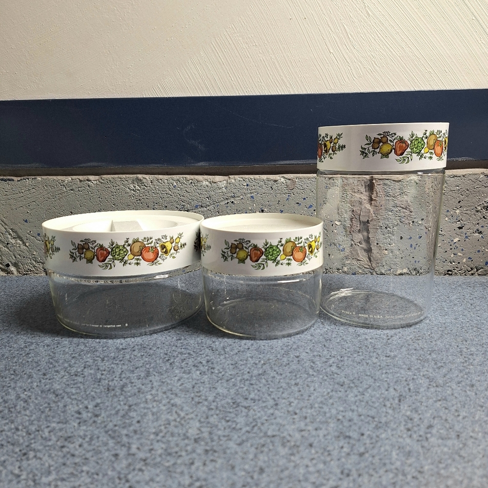 Pyrex Vintage,"Spice Of Life" "See N Store" Glass Twist Top Containers, Set Of 3